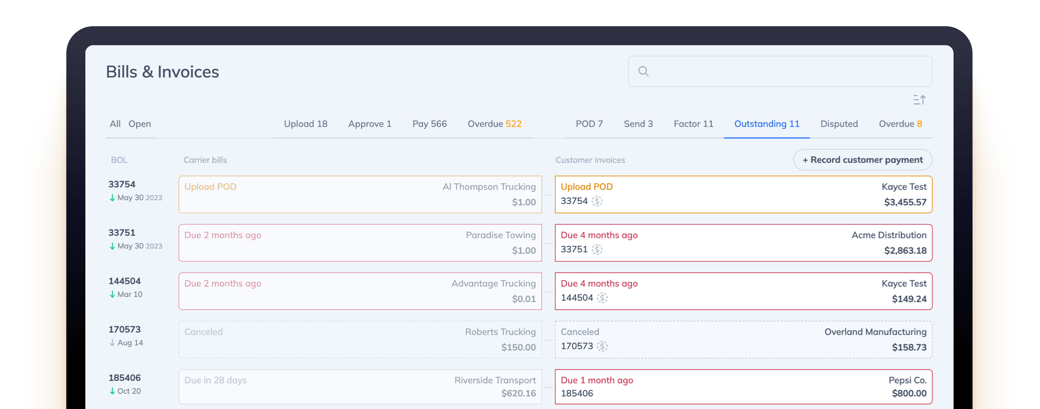 Detailed view of shipment information by lane history, with accounting and revenue reports and analytics within the Quote Factory TMS